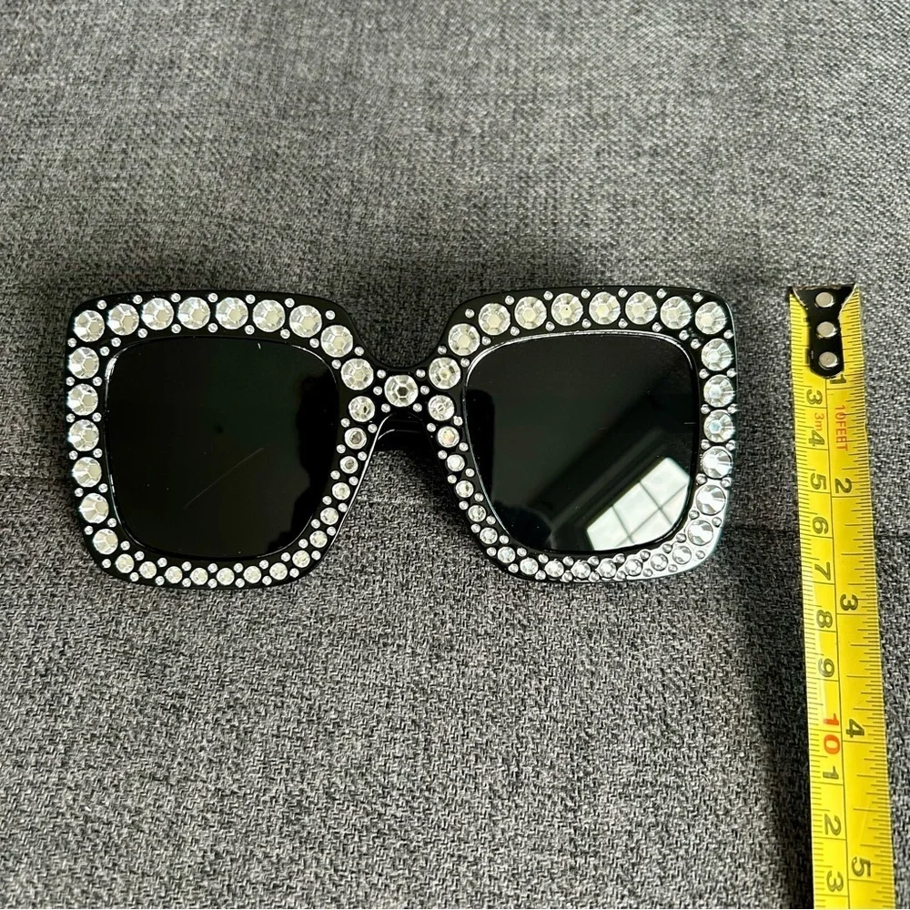 Sparkly, Fluted Rhinestone Rimmed Sunglasses, Black, Silver